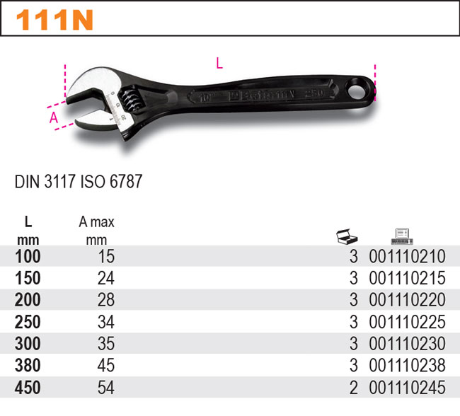 NÁSTAVITELNÝ KLÍČ PLOCHÝ-MODEL 111N 100 MM, ČERNĚNÝ DIN 3117 ISO 6787