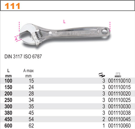 NASTAVITELNÝ KLÍČ PLOCHÝ-MODEL 111 100MM, CHROMOVANÝ DIN 3117 ISO 6787