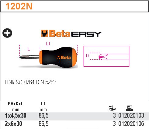 ŠROUBOVÁK KŘÍŽOVÝ-MODEL 1202N KRÁTKÝ PH 2 FI 6X30 MM UNI/ISO 8764 DIN 5262