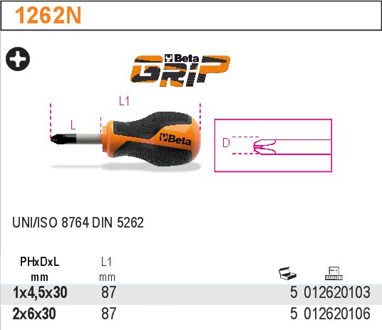 ŠROUBOVÁK KŘÍŽOVÝ KRÁTKÝ BETAGRIP-MODEL 1262N KRÁTKÝ