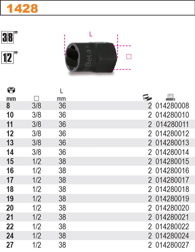 HLAVICE 1/2'' NA ŠROUBOVÁNÍ POŠKOZENÝCH MATIC-MODEL 1428 16MM