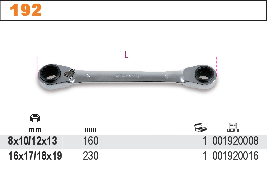 RÁČNOVÝ KLÍČ OBOUSTRANNÝ, OBOUSMĚRNÝM ZÁPADKOVÝM MECHANIZMEM 8X10 / 12X13MM