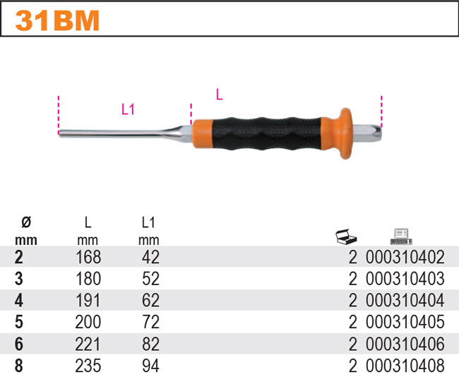 VYRÁŽEČ CYLINDRICKÝ S RUKOJETÍ-MODEL 31 BM FI 3X180 MM