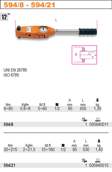 KLÍČ MOMENTOVÝ-MODEL 594/8 ROZSAH 6- 80NM ZABÍRÁK 1/2'' UNI EN 26789 ISO 6789''