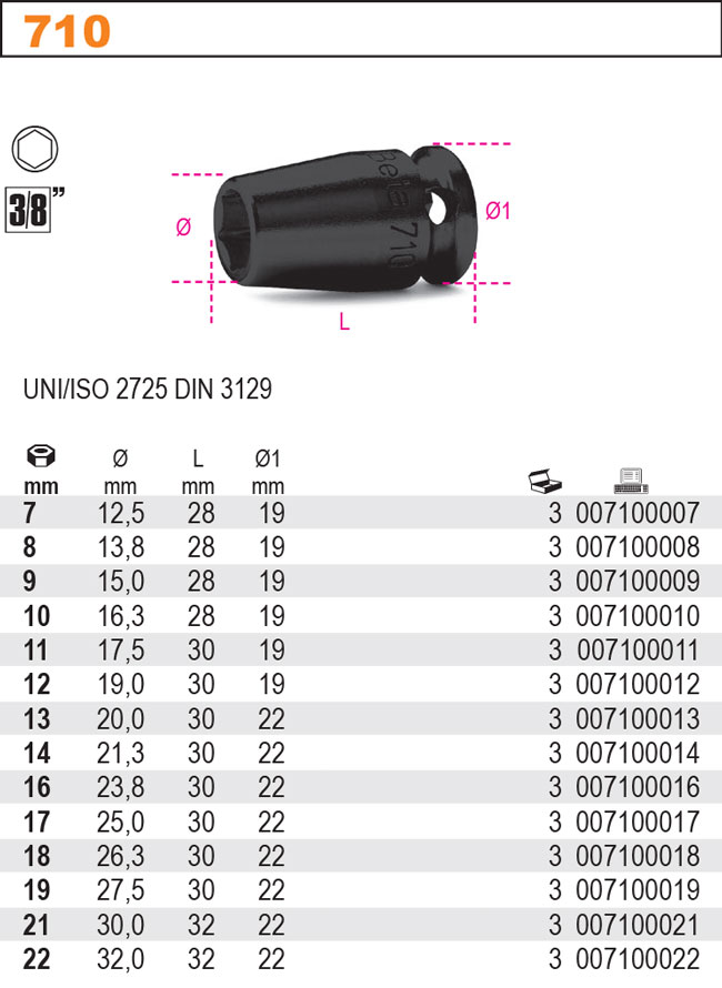 NÁSTRČNÁ HLAVICE RÁZOVÁ ŠESTIHRAN - 3/8''-MODEL 710 7MM UNI/ISO 2725 DIN 3129''