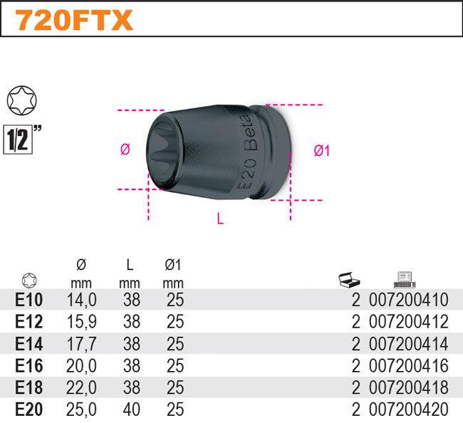 NÁSTRČNÁ HLAVICE PROFIL TORX VNITŘNÍ - 1/2''-MODEL 720FTX E 16''