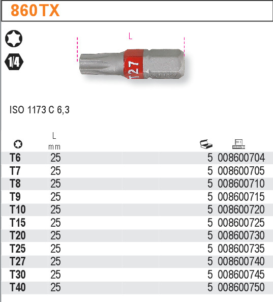 BIT PROFIL TORX-MODEL 860TX TORX S KOL.OZN.T20