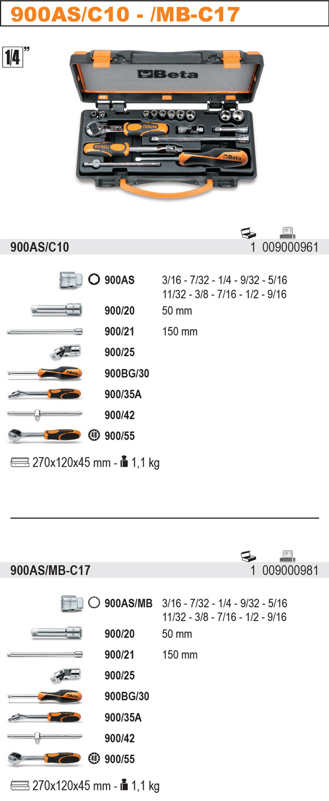 SADA HLAVIC PALCOVÝCH-MODEL 900AS 3/16-9/16 1/4''