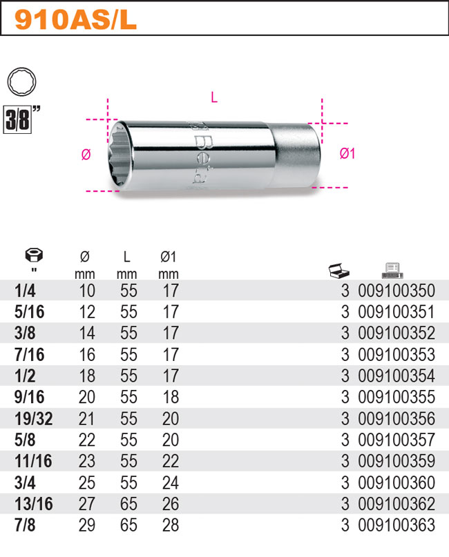 HLAVICE 3/8'' DLOUHÁ-MODEL 910ASL 3/8'' DÉLKA 9/16''