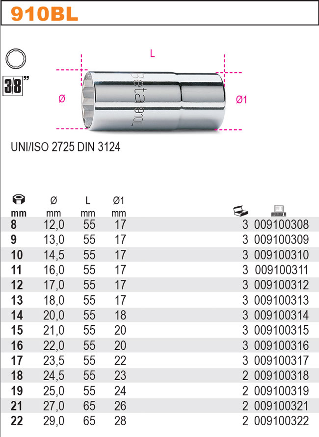 HLAVICE 3/8'' DLOUHÁ-MODEL 910BL 3/8'' DÉLKA 17MM