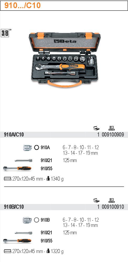 SADA HLAVIC 3/8'' S PŘÍSLUŠENSTVÍM 10KS-MODEL 910A/C10
