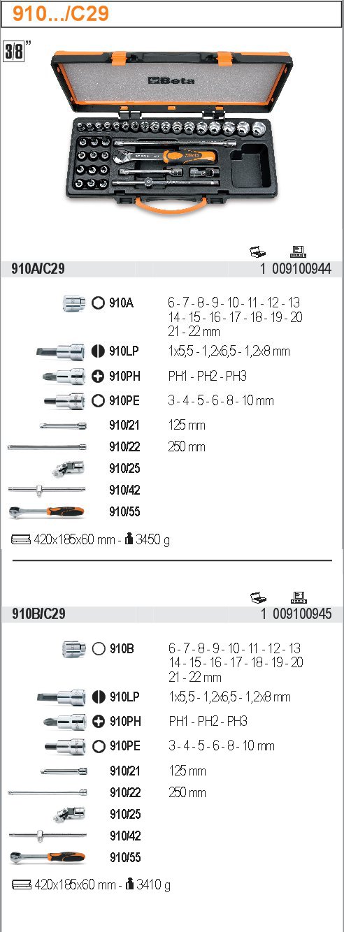 SADA HLAVIC-MODEL 910A/C29 3/8'' S PŘÍSLUŠENSTVÍM 29KS''