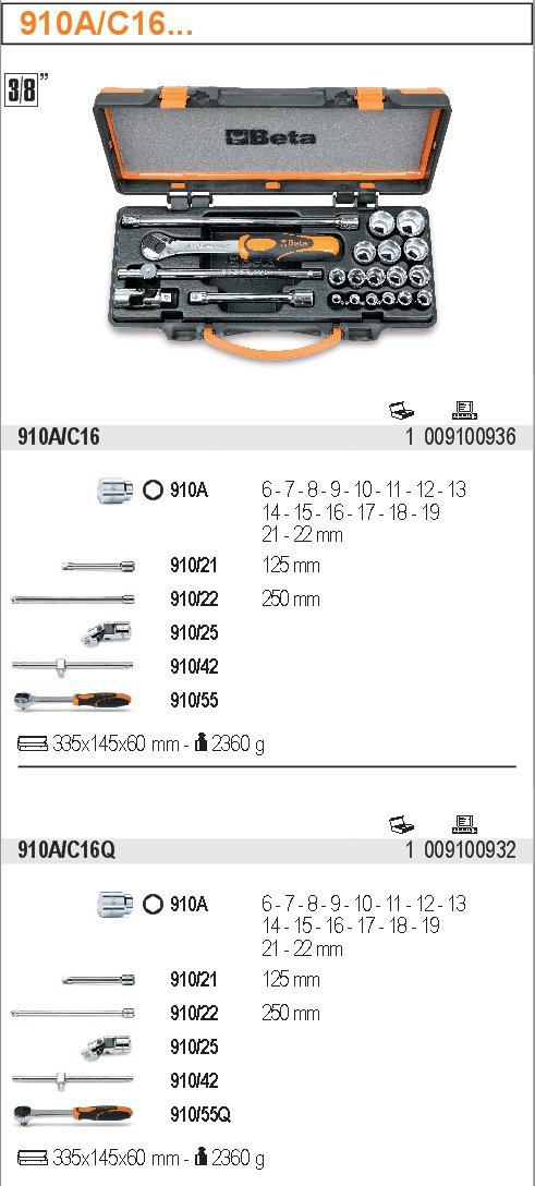 SADA HLAVIC-MODEL 910A/C16Q 3/8'' S PŘÍSLUŠENSTVÍM 16KS''