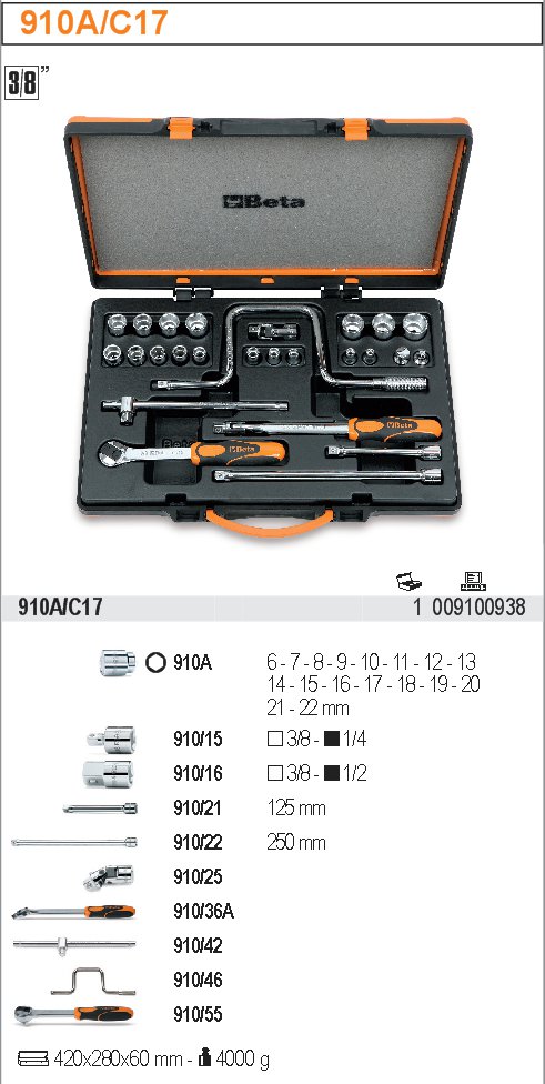 SADA HLAVIC-MODEL 910A/C17 3/8'' S PŘÍSLUŠENSTVÍM 17KS''