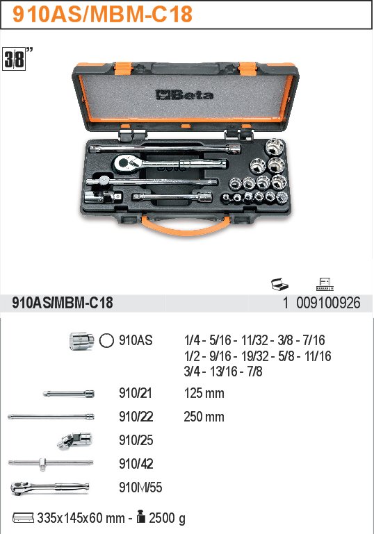 SADA HLAVIC-MODEL 910AS/MBM-C18 3/8'' S PŘÍSLUŠENSTVÍM 18KS''