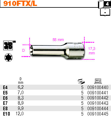 HLAVICE 3/8'' PROFIL TORX VNITŘNÍ-MODEL 910FTXL E4 D''