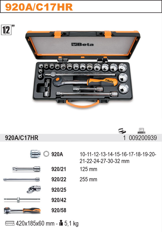 KOMPLET NÁSAD 920/A S PŘÍSLUŠENSTVÍM, 10-32MM, 17 DÍLŮ, V KOVOVÉM BOXU