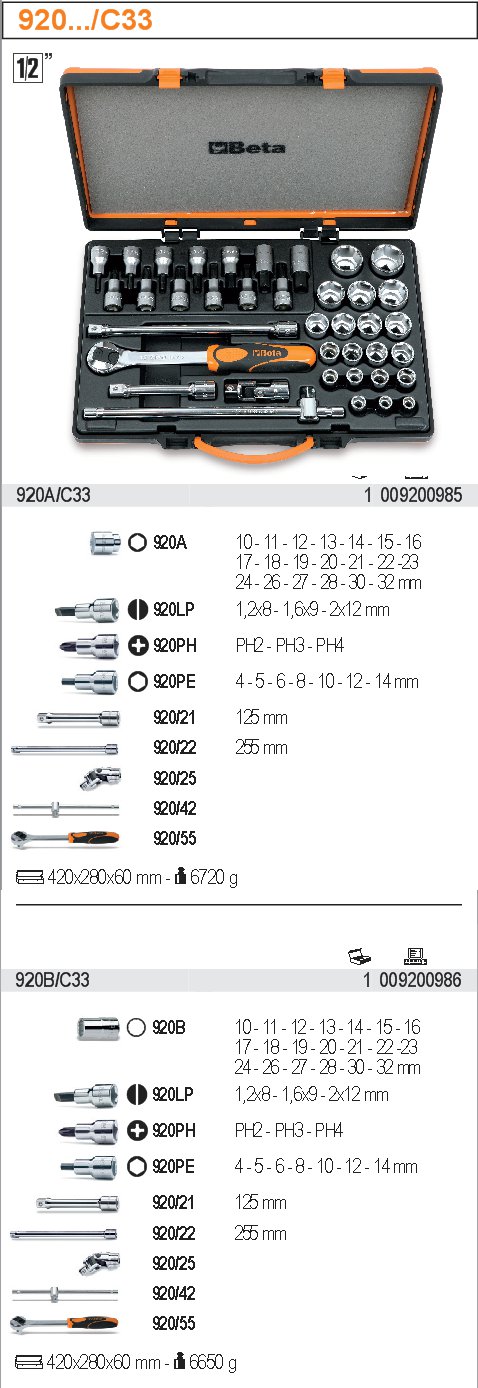 SADA HLAVIC 1/2'' S PŘÍSLUŠENSTVÍM-MODEL 920A/C33 1/2'' S PŘÍSLUŠENSTVÍM 38KS''