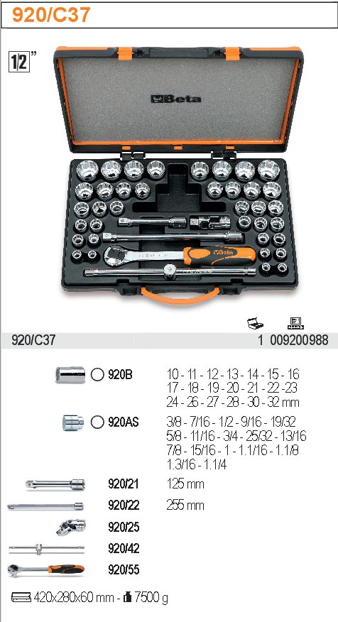 SADA HLAVIC 1/2'' S PŘÍSLUŠENSTVÍM-MODEL 920/C37 1/2'' S PŘÍSLUŠENSTVÍM 42KS''