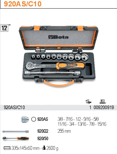 SADA HLAVIC 1/2'' S PŘÍSLUŠENSTVÍM-MODEL 920AS/C10 1/2'' S PŘÍSLUŠENSTVÍM 12KS''