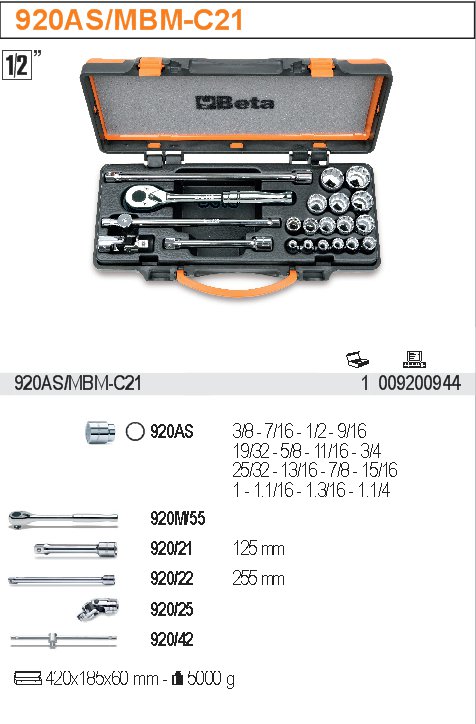 SADA HLAVIC 1/2'' S PŘÍSLUŠENSTVÍM-MODEL 920AS/MBM-C21 1/2''