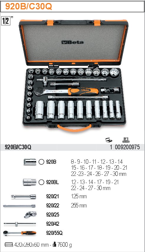 SADA HLAVIC 1/2'' S PŘÍSLUŠENSTVÍM-MODEL 920B/C30Q 1/2'' S PŘÍSLUŠENSTVÍM 35KS''