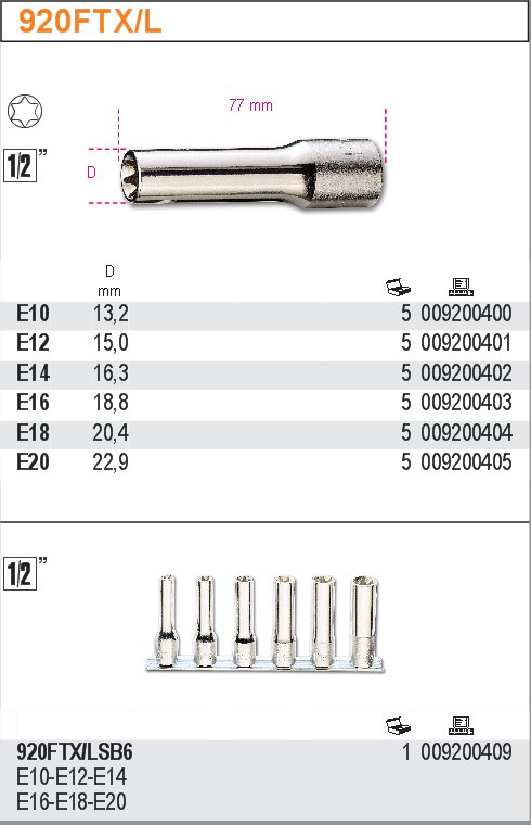 HLAVICE PROFIL TORX VNITŘNÍ - 1/2''-MODEL 920FTX DLOUHÝ E12''