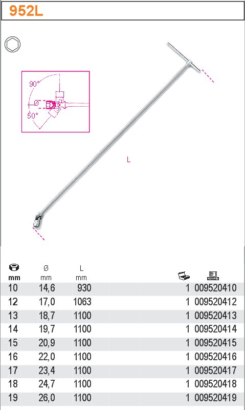 NÁSTRČKOVÝ KLÍČ TYP T DLOUHÝ-MODEL 952L 16MM