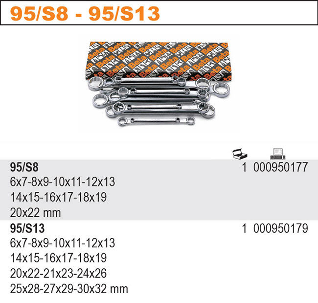 SADA OČKOVÝCH KLÍČŮ OBOUSTRANNÝCH ROVNÝCH-MODEL 95/S8 8 KS 6-22MM, V KARTONU