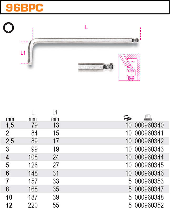 INBUSOVÝ KLÍČ-MODEL 96BPC 10MM, S KULIČKOU, CHROMOVANÝ