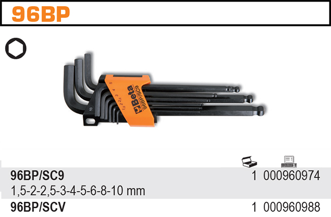 SADA INBUSOVÝCH KLÍČŮ, V ÚCHYTU-MODEL 96BP/SC9 9 KS 1,5-10MM, V UCHYTU