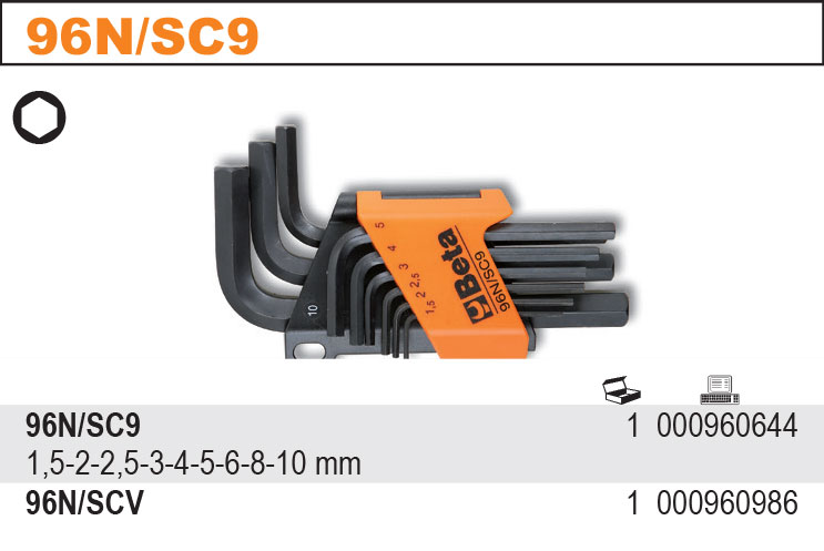 SADA INBUSOVÝCH KLÍČŮ V ÚCHYTU-MODEL 96N/SC9 9 KS 1,5-10MM, V UCHYTU
