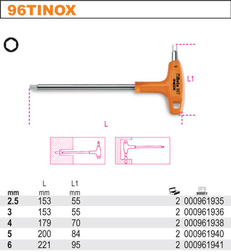 KLÍČ INBUSOVÝ ŠESTIHRANNÝ S RUKOJETÍ, OCEL INOX AISI 420, MODEL 96TINOX, 7MM