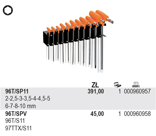 SADA INBUSOVÝCH KLÍČŮ S RUKOJETÍ,-MODEL 96T/SP11 11 KS 2-10MM, NA VĚŠÁČKU