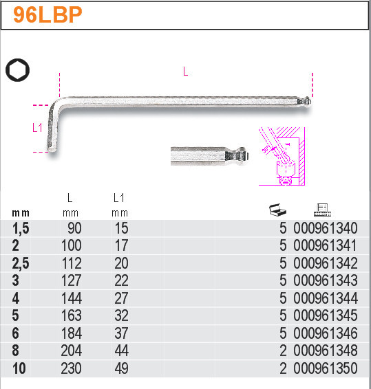 INBUSOVÝ KLÍČ DLOUHÝ S KULIČKOU-MODEL 96LBP 3MM, CHROMOVANÝ