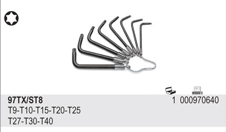 SADA ZÁSTRČNÝCH KLÍČŮ PROFIL TORX, NA VĚŠÁČKU-MODEL 97TX/ST8 8 KS